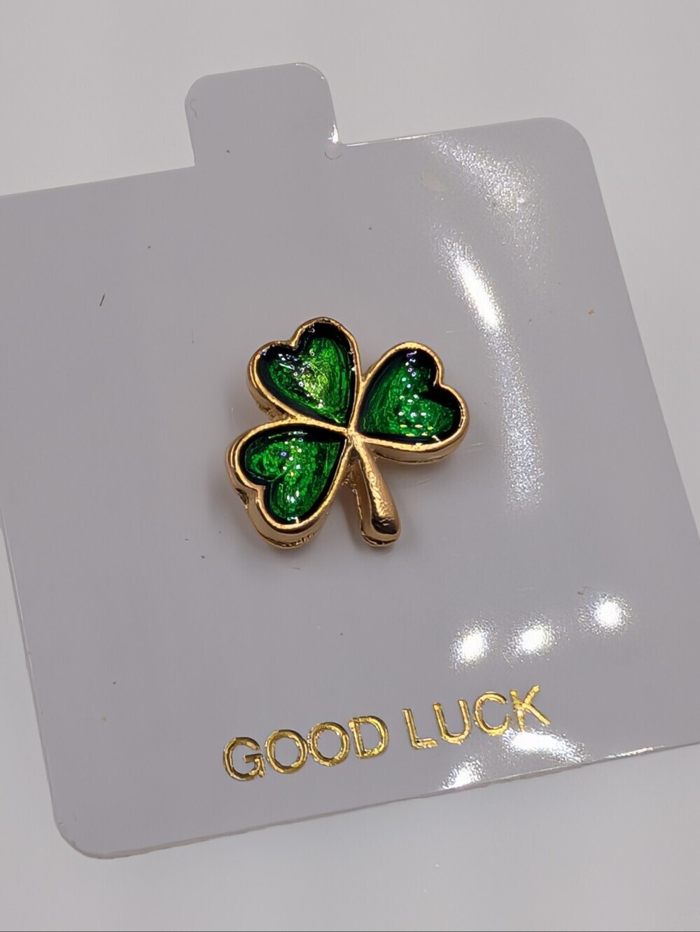 Good Luck Clover Pin Enamel Green Gold Tone St. Patrick's Day Charm 0422